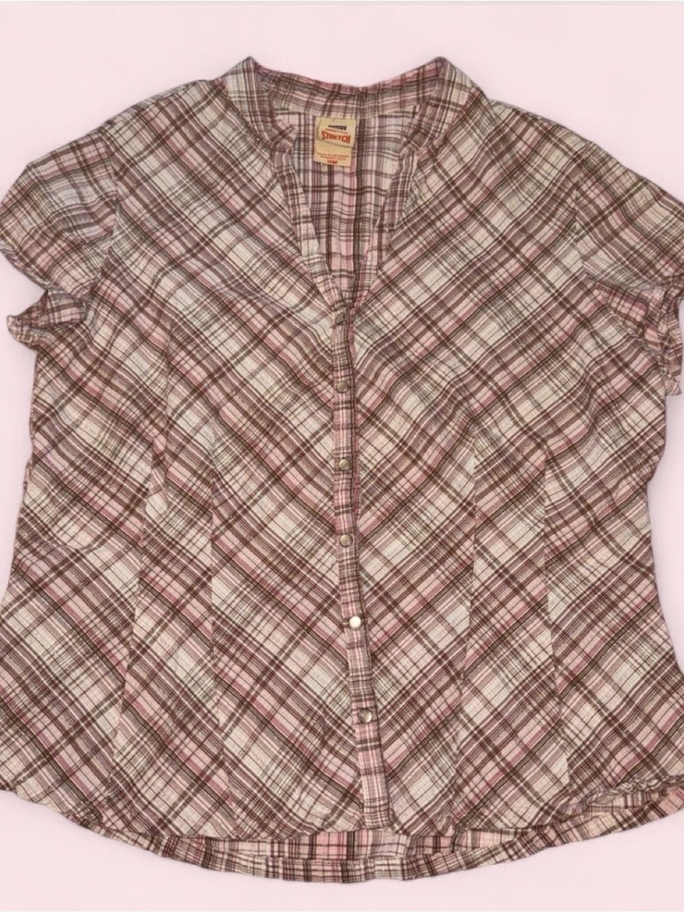 Y2K Faded Glory Plaid Short-Sleeve Button Front Top - Pink/Brown